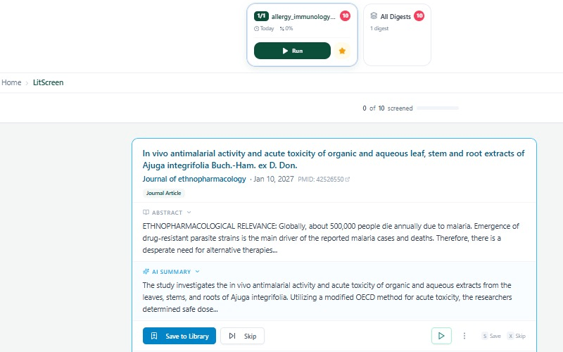LitScreen: the scheduled literature feed with abstracts, AI summaries, and save-to-library screening