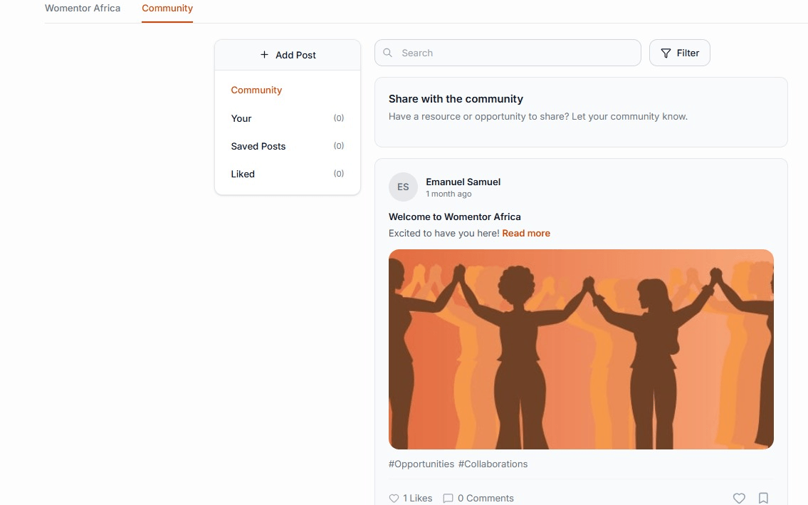 The Womentor community feed, showing a post with an image, tags, likes and comments