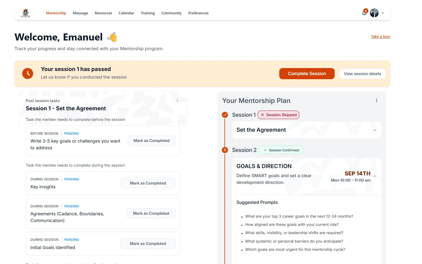 A mentee's home screen: a passed session awaiting confirmation, the tasks attached to it, and the mentorship plan beside it