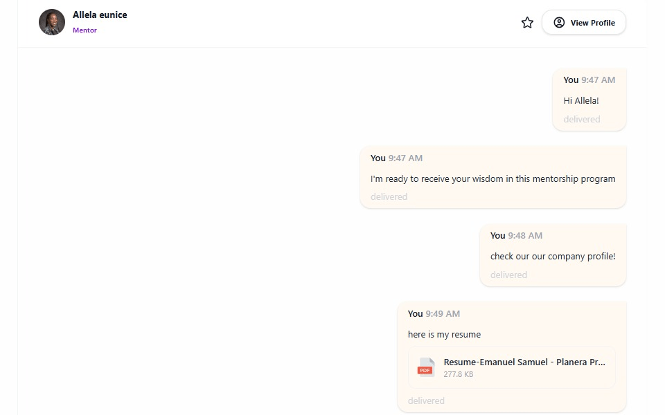 A mentee messaging their mentor in-platform, including a shared PDF attachment