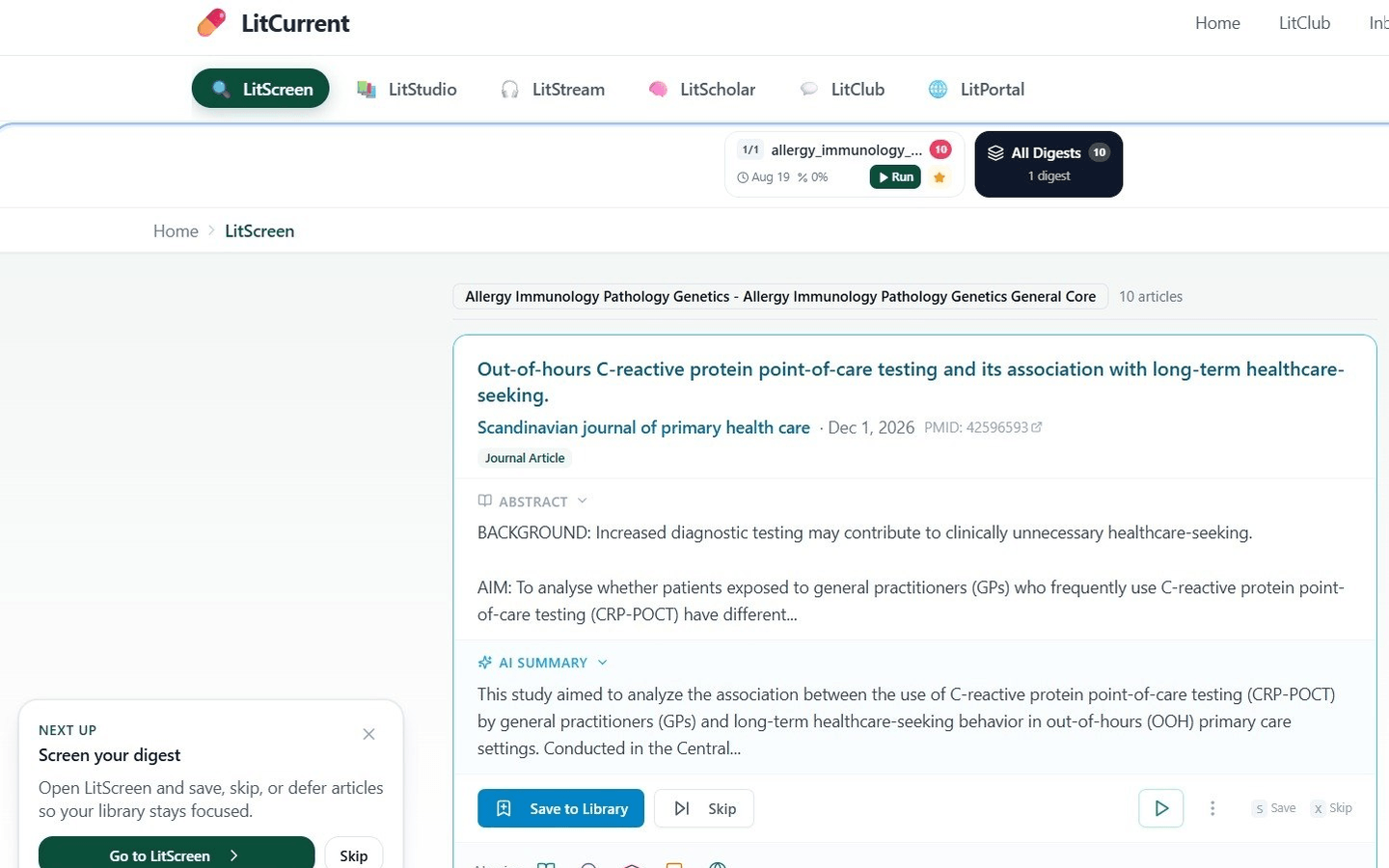 LitScreen: a scheduled digest being screened, the article's abstract and AI summary side by side with save and skip