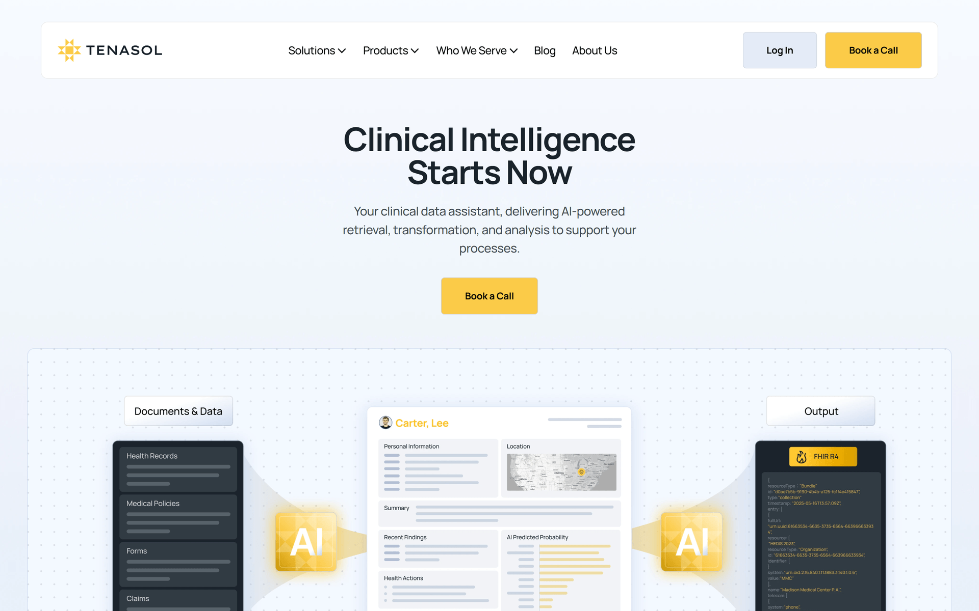 Tenasol's clinical intelligence platform: the document-to-FHIR pipeline, health records and claims in, a patient summary with AI-predicted probability, FHIR R4 bundle out