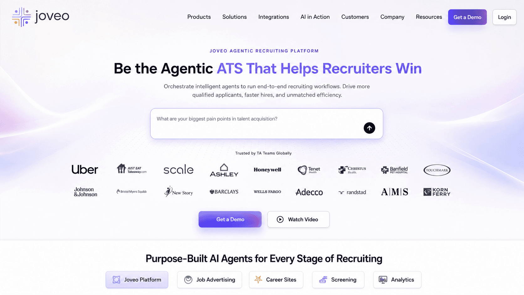 Joveo's agentic recruiting platform: the ATS landing page, with the TA teams it is used by