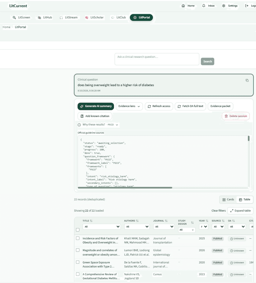 LitPortal: a clinical question answered with deduplicated, ranked evidence in a sortable table