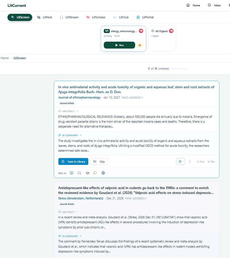 LitScreen: the scheduled literature feed with abstracts, AI summaries, and save-to-library screening