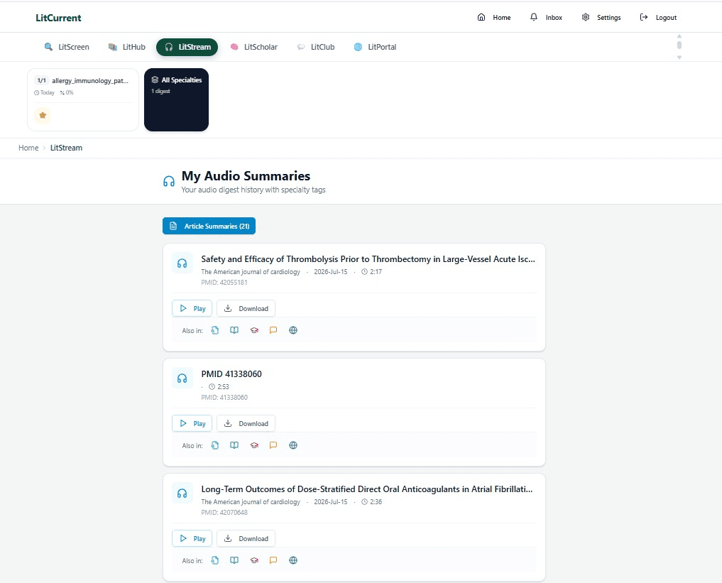 LitStream: generated audio summaries of saved articles with play and download controls