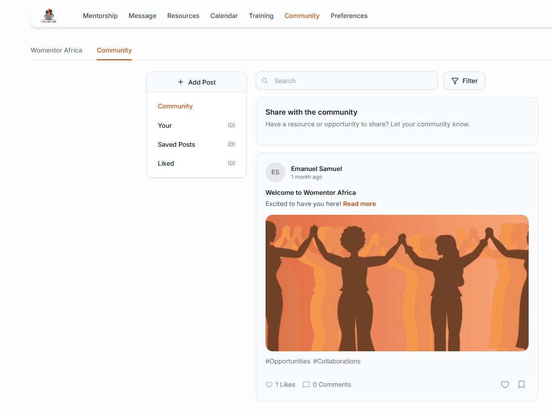 The Womentor community feed, showing a post with an image, tags, likes and comments