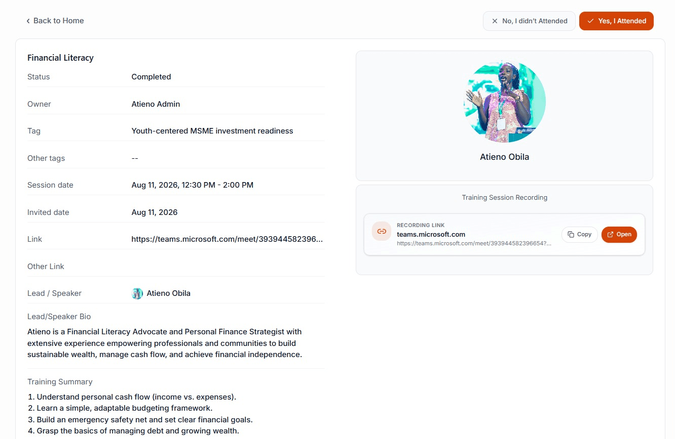 A mentee's home screen: a passed session awaiting confirmation, the tasks attached to it, and the mentorship plan beside it