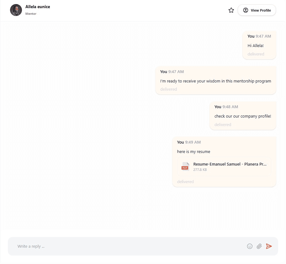 A mentee messaging their mentor in-platform, including a shared PDF attachment